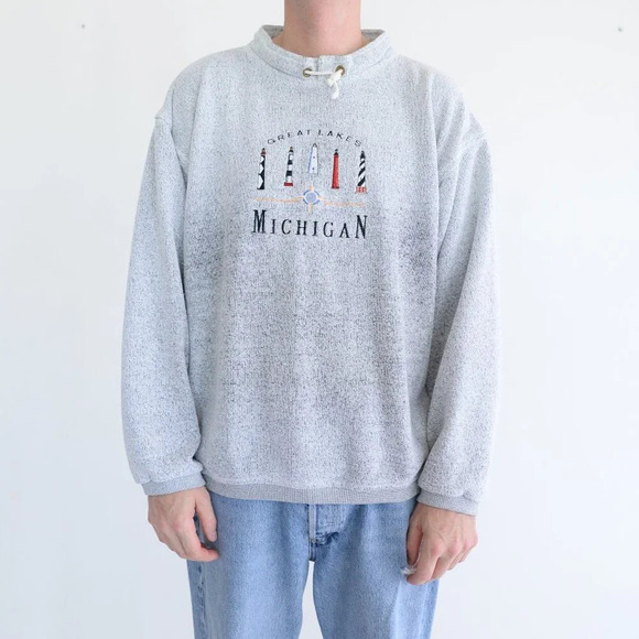 VTG 90S Gray Embroidered Great Lakes Mi Nautical  Light Towers Pull Over Sweater - Picture 1 of 9